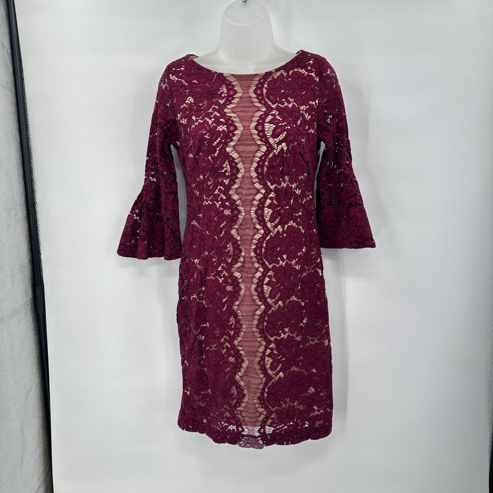 Gabby Skye Wine Red Lace Floral Dress 6 Sheath Bell Sleeve Romantic Cocktail‎